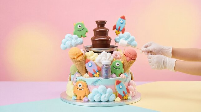 Colorful cake ice cream cone monster cookie rocket cookie chocolate fountain pastel background marshmallow playful birthday celebration sweet dessert