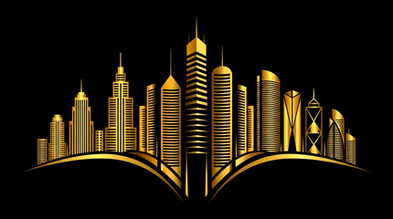 A stylized representation of a cityscape. It features several tall buildings, with the central one being the most prominent