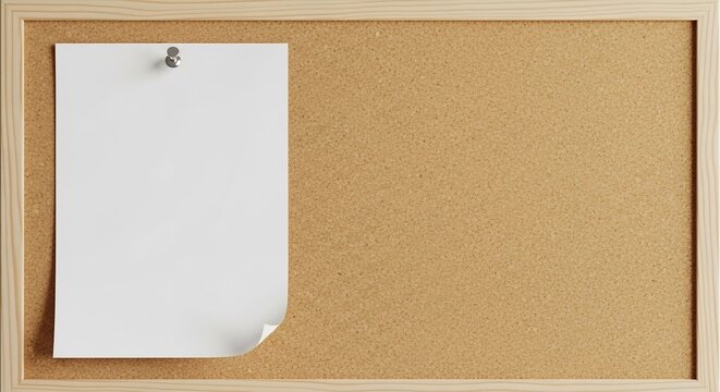 Blank white paper pinned to a cork board with a wooden frame ready for your message or reminder.