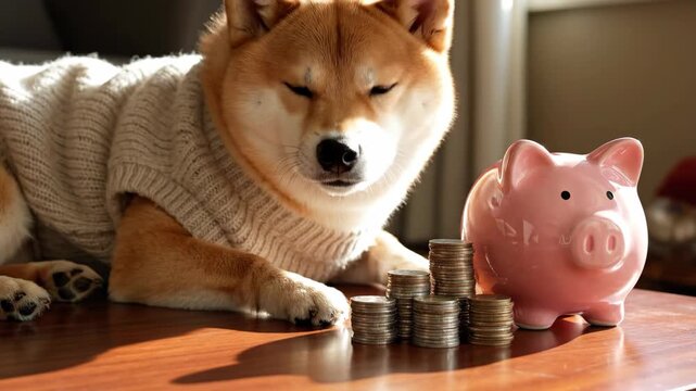 Shiba Inu Savings - A Shiba Inu dog wearing a sweater rests beside a pink piggy bank and stacked coins, symbolizing smart savings. The video conveys financial responsibility.