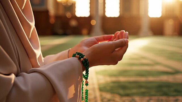 Muslim woman hands in prayer dua position holding green tasbih beads during worship in a peaceful mosque setting with warm natural light