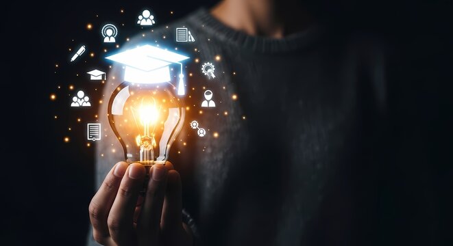 Education Innovation: Hand Holding Glowing Light Bulb with Graduation Cap and Floating Icons. Digital Knowledge, Successful Learning, and Idea Generation Concept.