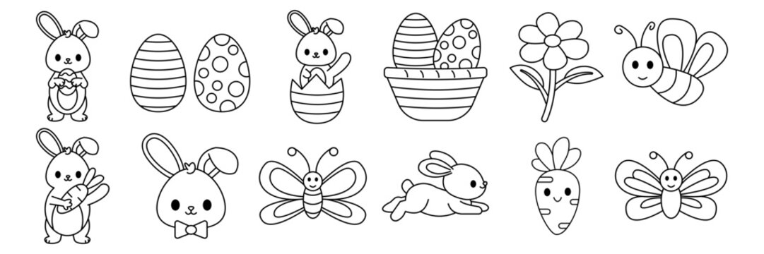 Cute Easter Bunny and Spring Icons Coloring Page Line Art Set