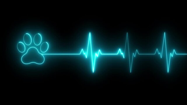 glowing neon Dog Paw Print Heartbeat Line icon Veterinary Healthcare ECG. Heartbeat icon with Paw Print Symbolizing Animal Health and Care.  representing dedication in veterinary care and commitment.