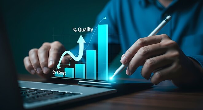 Business Quality vs. Cost Optimization Strategy. Professional analyzes holographic graph showing efficiency gains, improved productivity, and lower expenditure metrics.