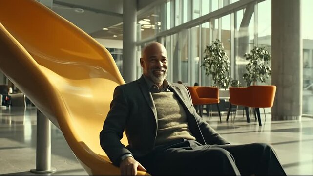 A man enjoys a slide in a modern office environment.