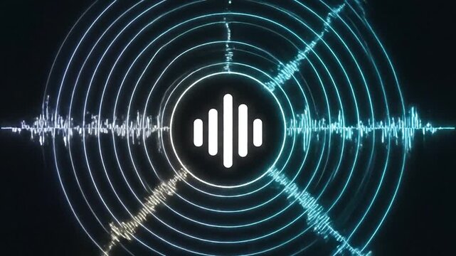 A glowing circular waveform display with a central icon on a dark background