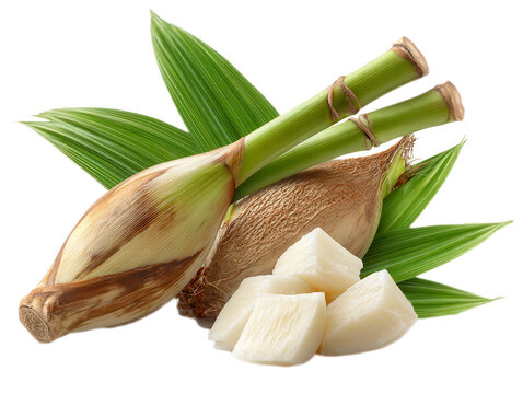 Isolated Taro Root, Raw Cubes, and Stalks on Black Background