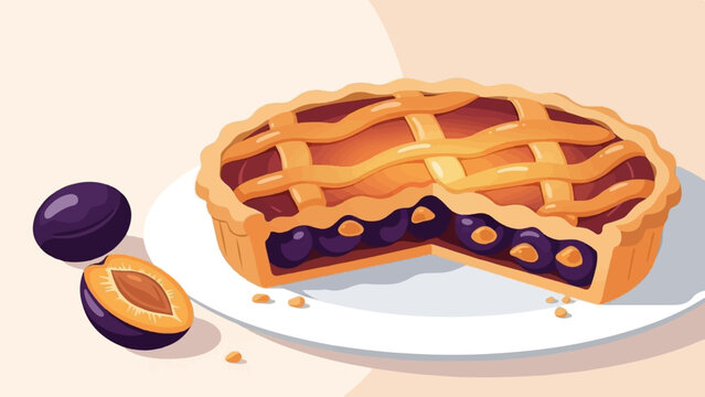 A sliced plum pie sits on a plate with whole and halved plums nearby