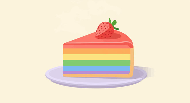 A slice of rainbow cake with strawberry topping on a plate