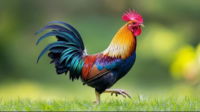 A vibrant and colorful rooster proudly standing on green grass.