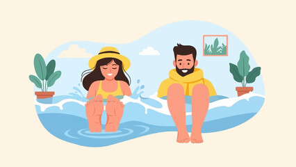 A woman in a hat and a man relax in water, surrounded by plants