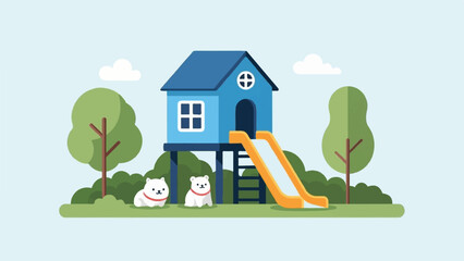 Fototapeta premium A playful scene with a blue playhouse, slide, and two fluffy white dogs