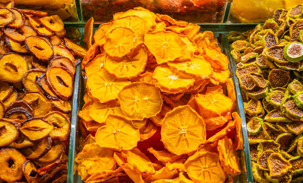 Colorful delights, various dried fruits at Turkish market, Grand Bazaar  Istanbul, Turkey