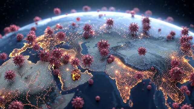 Nipah virus global outbreak infection concept with virus particles over illuminated earth map night