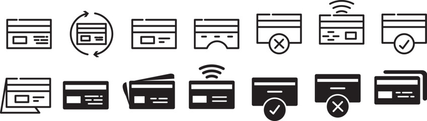 Obraz premium Credit card icon set.Minimalist debit card and checkout icons sign. Modern banking and digital payment symbols. financial transaction interface Vector elements. 