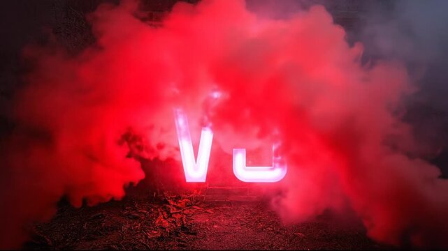 A glowing neon 'VS' sign enveloped in dramatic red smoke.