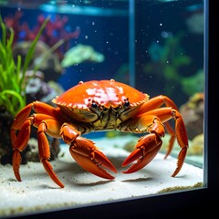 A vibrant orange crab standing on white sand in an aquarium