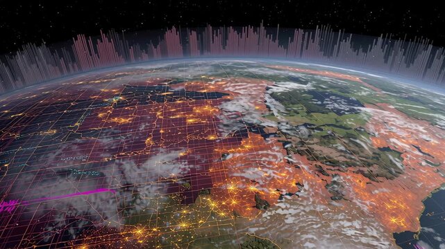 Nipah virus global map and data visualization showing spread with glowing city lights and digital
