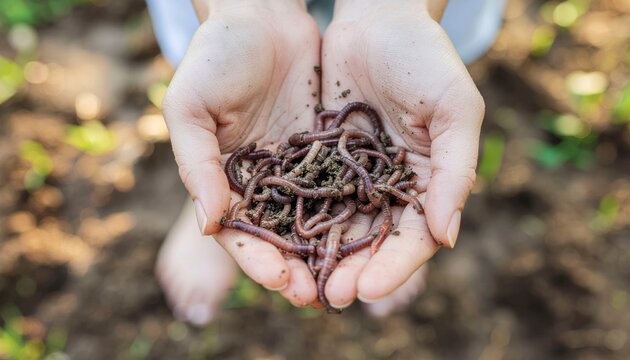Earthworm on Human Hand Close Up