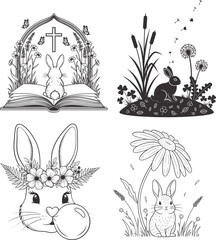 Easter Spring bunny illustration set rabbit nature faith line art floral animal design