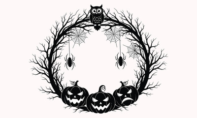 Halloween wreath illustration with pumpkins owl spiders webs, spooky gothic autumn decor, creepy silhouette frame, festive horror design vector artwork © Mahadi's World
