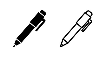 Ballpoint Pen Icon Set, Black Silhouette and White Outline for Writing