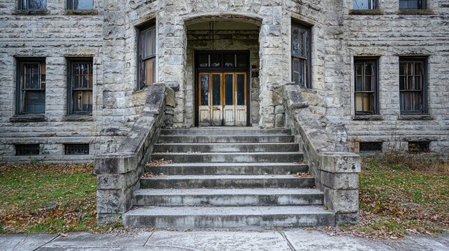 A historical orphanage building made of stone, showing the faded architecture and worn steps.