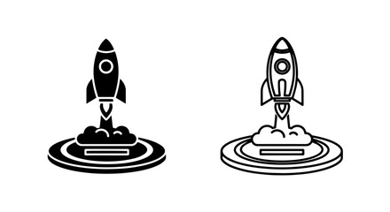 Obraz premium Set of two rocket launch icons, one solid black and one outline, representing blast off. Vector.