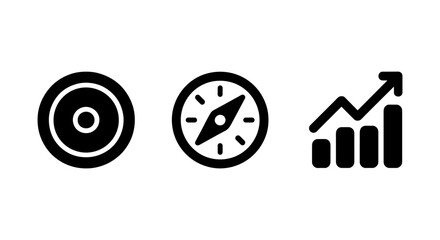 Icons representing a circle, compass, and growth chart, symbolizing direction, navigation, and progress or investment
