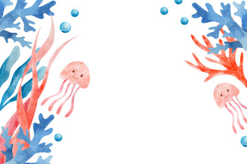Watercolor ocean frame with seaweeds, coral and jellyfish. Underwater border red and blue colors, hand painted for summer tropical design. © Lena