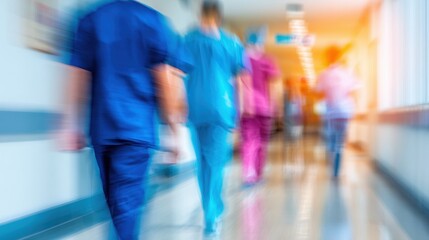 Naklejka premium Healthcare workers walk through a hospital corridor during their shift