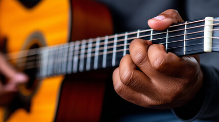 Fototapeta premium Musician's Hands Strumming the Strings of an Acoustic Guitar