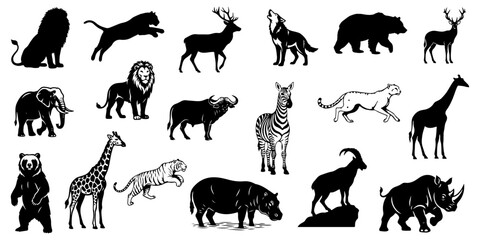 Fototapeta premium Mega set of wild animal silhouettes including lion, elephant, giraffe, zebra, tiger, bear, wolf and rhino isolated on transparent