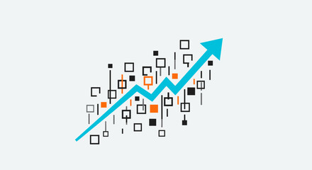 An abstract illustration depicts a financial growth concept with a blue upward arrow, surrounded by data points, suggesting business progress and market expansion on a light background.