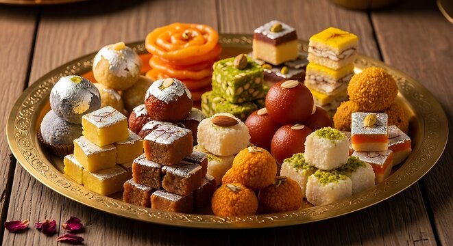 Assorted indian sweets on a golden plate