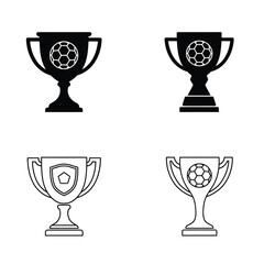 Soccer trophy cup icon collection, football championship award silhouette and line art bundle, sports winner vector set