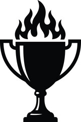 Trophy cup with fire flames silhouette, burning award icon for peak performance and success vector