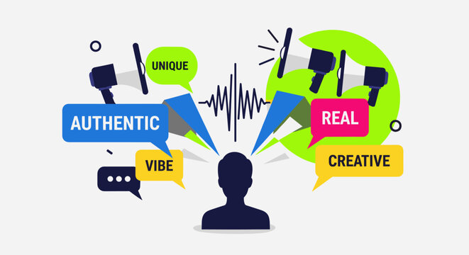 An illustrated representation depicts a person with thoughts and ideas emanating from them, surrounded by speech bubbles conveying concepts like authentic and creative vibes.