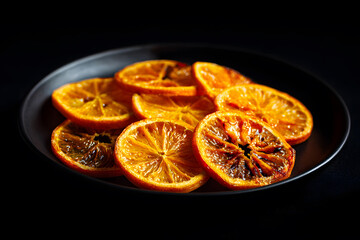 Dried lemon slices arranged on a black plate in low light showcasing textures and colors
