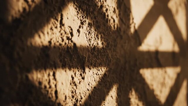 Geometric shadows cast on a rough textured wall surface from an overhead lattice structure