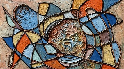 Abstract artwork of geometric shapes and textures in warm and cool tones