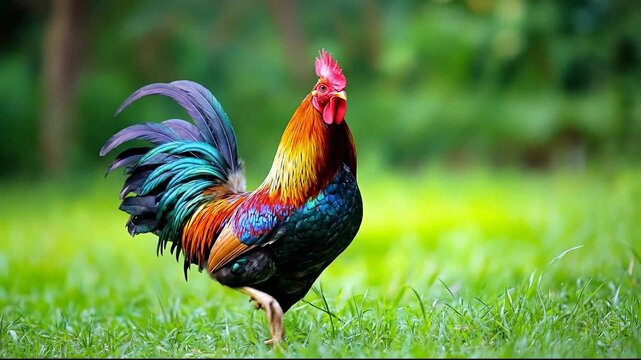 A vibrant rooster standing proudly on green grass.