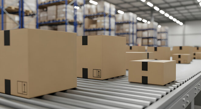 Cardboard boxes moving on an automated roller conveyor belt inside a modern warehouse illustrating global logistics ecommerce fulfillment shipping and supply chain operations.
