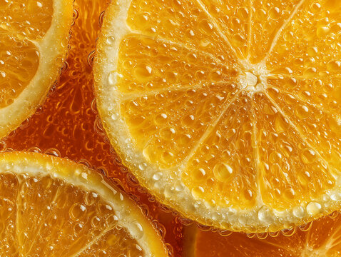 Sliced juicy oranges in macro photography style, vibrant amber and yellow colors, representing freshness and citrus zest with water droplets