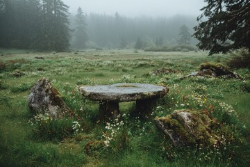 Obraz premium Stone table in misty field surrounded by trees and green grass