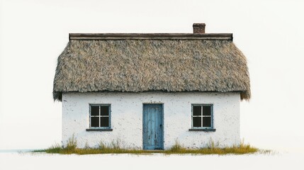 A minimalist icon of a cottage with a thatched roof, door, and windows.