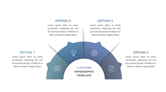 Semi circular infographic with four connected segments, icons and option labels, showing a step by step business or process concept
