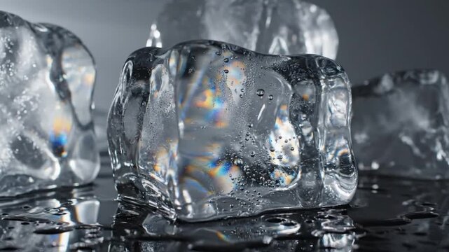 A close-up view of transparent ice cubes with rainbow reflections on a dark surface, showcasing the clarity and texture of the frozen cubes.