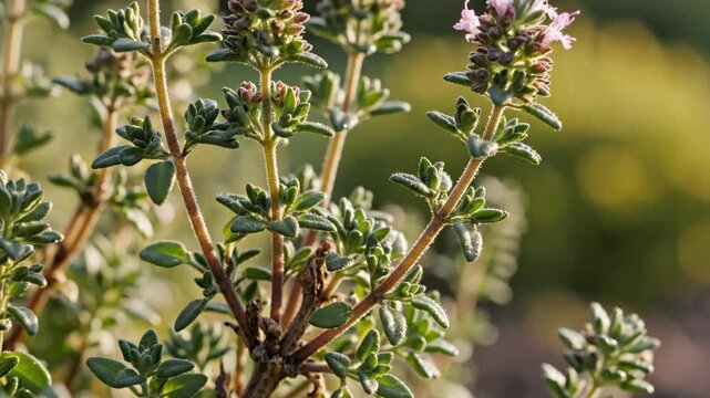Close-up view of fresh thyme plant with woody stems supporting clusters of small green leaves in soft sunlight